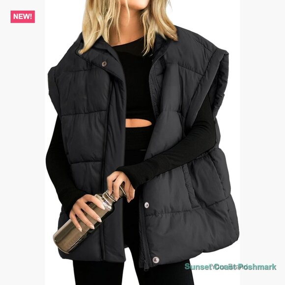 Jackets & Blazers - Oversized Puffer Vest Stand Collar Full Zip Sleeveless Quilted